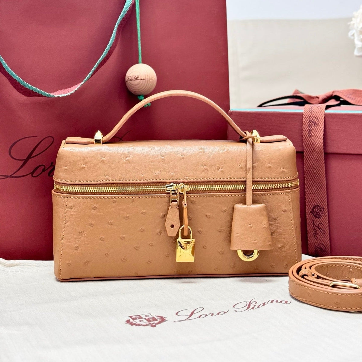 LP 2026 Extra Bag L23 Brown Ostrich Leather With Gold Hardware