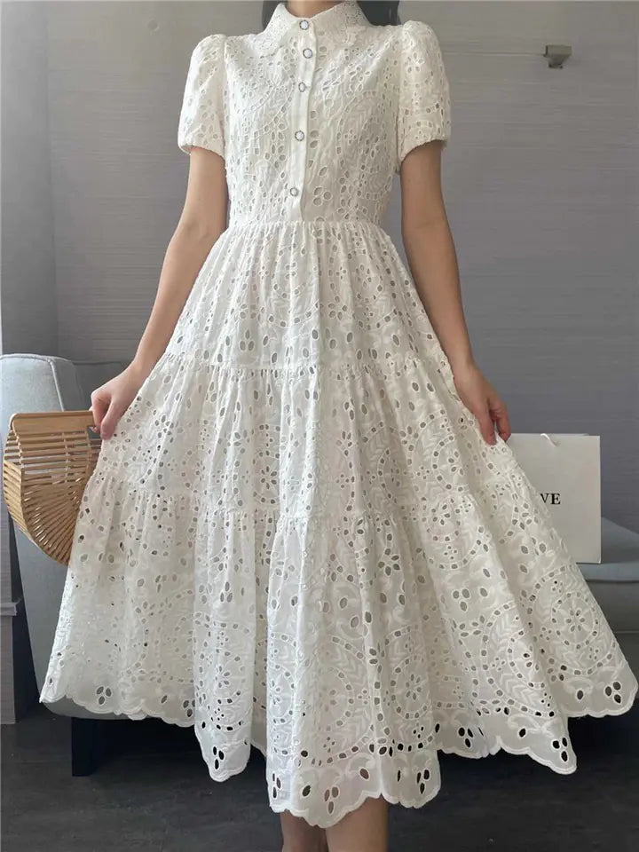 Bohemian Summer Dress with Embroidered Puff Sleeves
