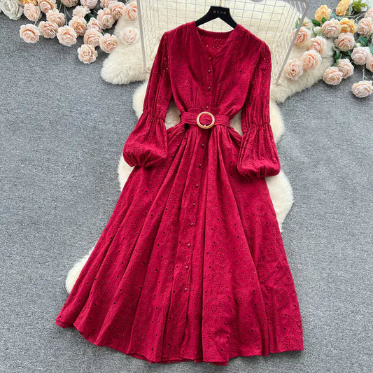 Bohemian Summer Dress with Embroidered Puff Sleeves
