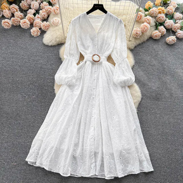 Bohemian Summer Dress with Embroidered Puff Sleeves
