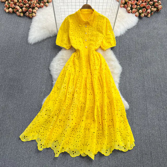 Bohemian Summer Dress with Embroidered Puff Sleeves