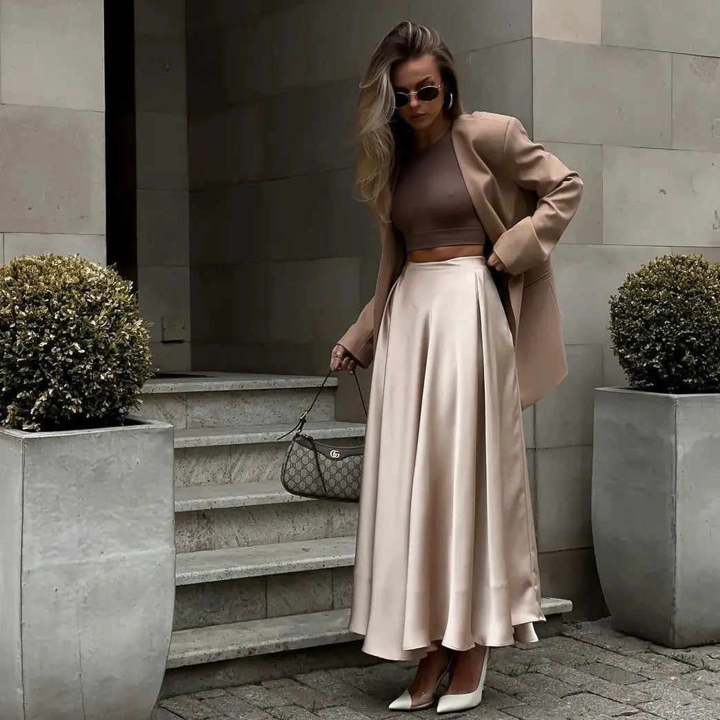 2026 Summer Elegant High Waist Satin Maxi Skirt