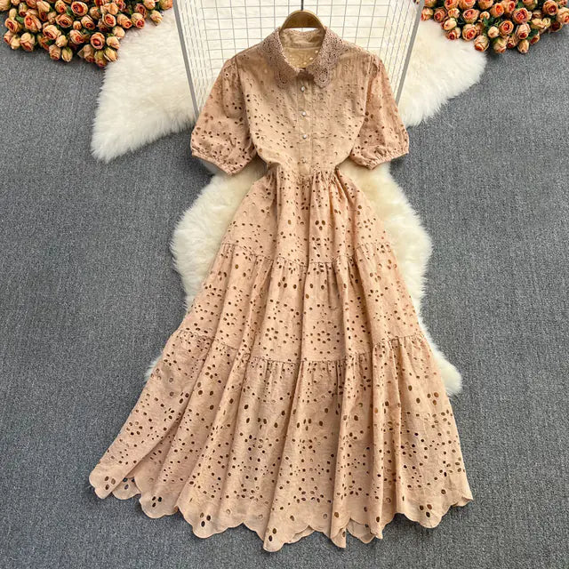 Bohemian Summer Dress with Embroidered Puff Sleeves